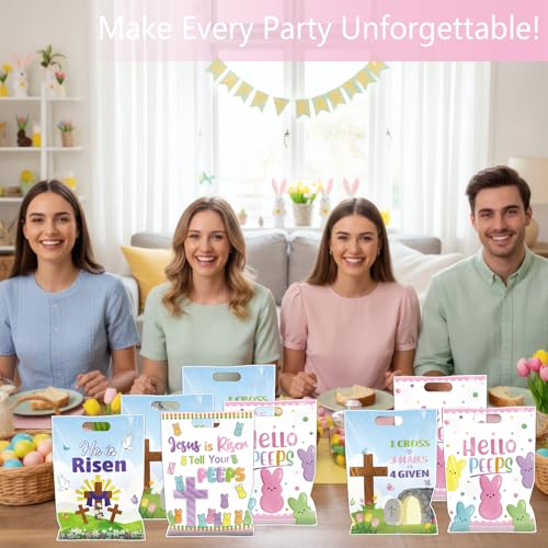 Falueqg Religious Easter Party Favor Bags - 100 Pcs He is Risen Happy Easter Goodie Candy Gift Bags Cross Rabbit First Communion Party Favors for Christian Spring Jesus Holiday Baptism Supplies - color: Easter