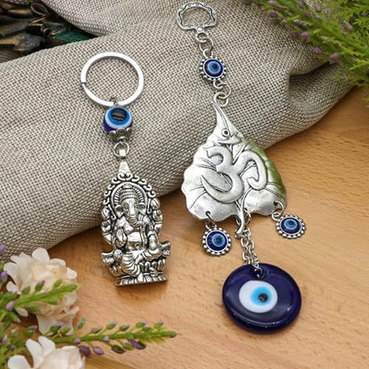 Hindu OM Evil Eye Car Hanging Ganesha Car Charms Lord Ganesha Idol Car Mirror Hanging Accessories Evil Eye Key Chains Turkish Nazar Amulet Boncugu Perfect for Gifting Diwali Housewarming Birthday