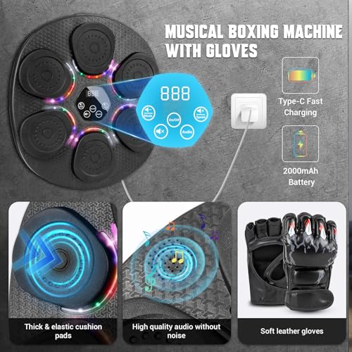 Music Boxing Machine for Adults & Kids, Bluetooth Smart Boxing Wall Machine with Gloves, 9 Modes, 6 Speeds & 3 Sensitivity, Electric Light Up Music Punching Machine for Home & Gym