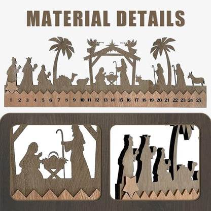 Cinrobiye Countdown to Christmas Wooden Nativity Advent Calendar,2025 Countdown Advent Calendar Christian Religious Xmas Decorations for Door Table Wall Mantel Holiday Farmhouse Decor (Nativity)