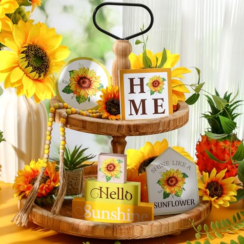 Yousoontic 7 Pcs Summer Party Sunflower Tiered Tray Decor Set, Rustic Farmhouse Wooden Table Decorations with Honey Bee Accents and Bead Garland for Kitchen, Tabletop, Mantel, Housewarming Gift - style: Sunflower