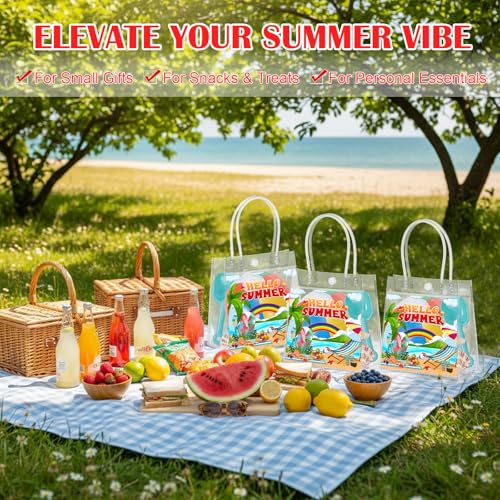 Aliceset 24 Pcs Hello Summer Clear Gift Bags Bulk with Handle, PVC Summer Party Favor Bag Reusable Transparent Goodie Bags for Beach , Pool Parties, Picnics & Outdoor Events, 6.31"x 5.91"x 3.15" - style: Hello Summer
