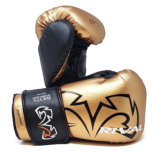 RIVAL Boxing RS11V Evolution Sparring Gloves, Extra-Thick 2” Padding, V-Strap Wrist Lock 2 System, Large Hand Compartment, and 15 Degree Angle Cuff - color: Gold, size: 14 oz.