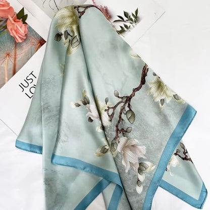 FONYVE Silk Feeling Scarf Medium Square Satin Head Scarf for Women 27.5 × 27.5 inches - color: 03 Green Floral