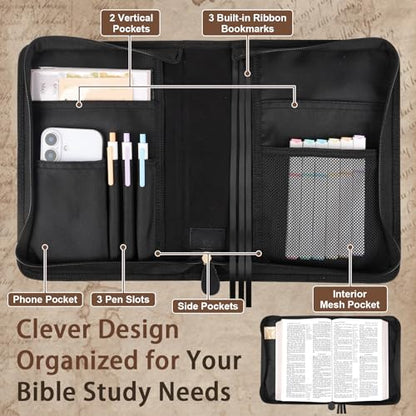 Classic Leather Bible Cover Case with Cross Design and Handle for Men Women, Durable Bible Study Supplies Organizer Carrying Bag, Perfect Christmas Gifts for Christians with Gift Box（Black