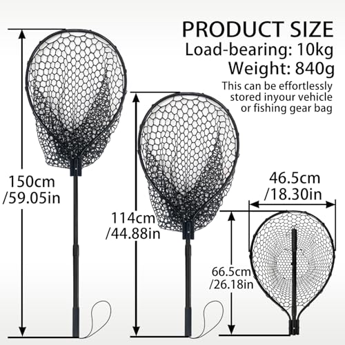 All Metal Telescoping Rubber Fishing Net with Handle Length: 59" Depth:19.7" Hoop: 26"x18" Large Silicone Fish Landing Net Pier/Kayak/Fishpond/Saltwater/Salmon Extendable Fishing Gear - color: Black with a Extra Replacement Net