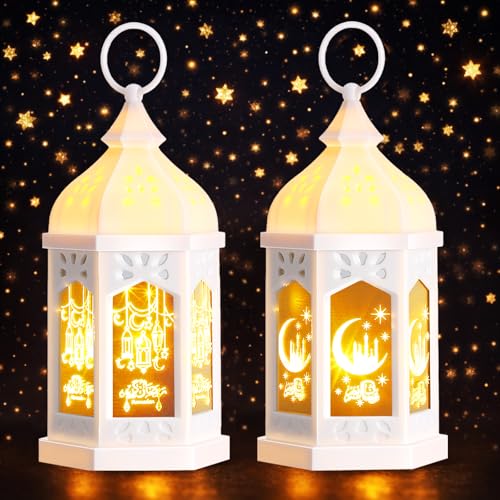 Retisee 2피스 17.8cm(7인치) 라마단 대형 이드 무바라크 랜턴 문 스타 벽걸이 LED 랜턴 홈 파티오 테이블 웨딩 센터피스 축제 장식용 (2가지 스타일, 화이트) - color: 화이트., size: 2 Styles
