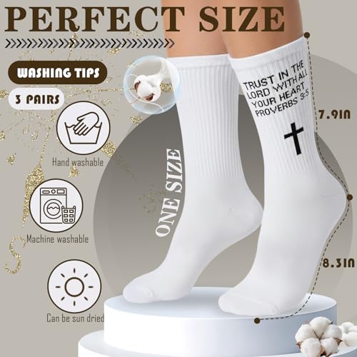 3 Pair Christian Socks Prayer Garter Bible Verse Birthday Gift for Dad, Mom, Husband, Son, Easter, Christmas - color: Proverbs 3:5 - White
