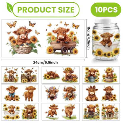 arricraft 10 Pcs Colorful Highland Cow Small Patterns Cup Printing UV Transfer Papers, 10 Styles Butterflies Flowers Bows UV DTF Cup Wrap Stickers for 16 OZ Glass Cups Crafts 9.5x4.3inch - style: Highland Cow Theme