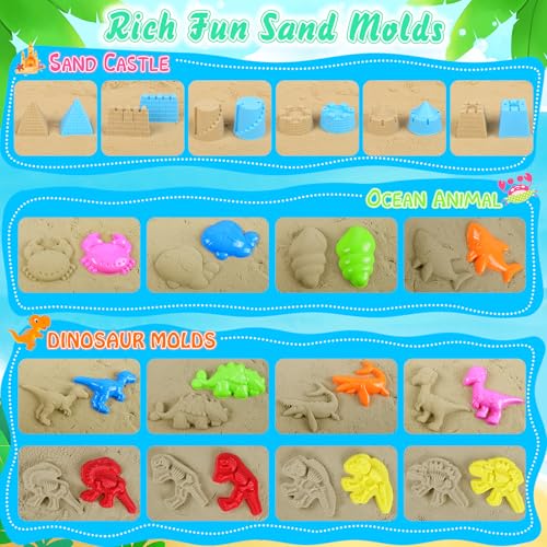 Beach Sand Toys, Sandbox Toys with 2 Dinosaur Dump Truck, Collapsible Bucket, Creative Molds, Mesh Bag, Sand Castle Play Set for Kids Ages 3-12, Outdoor Summer Beach Essentials for Building & Playing