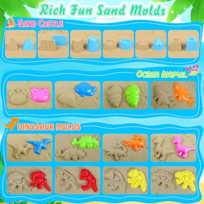 Beach Sand Toys, Sandbox Toys with 2 Dinosaur Dump Truck, Collapsible Bucket, Creative Molds, Mesh Bag, Sand Castle Play Set for Kids Ages 3-12, Outdoor Summer Beach Essentials for Building & Playing