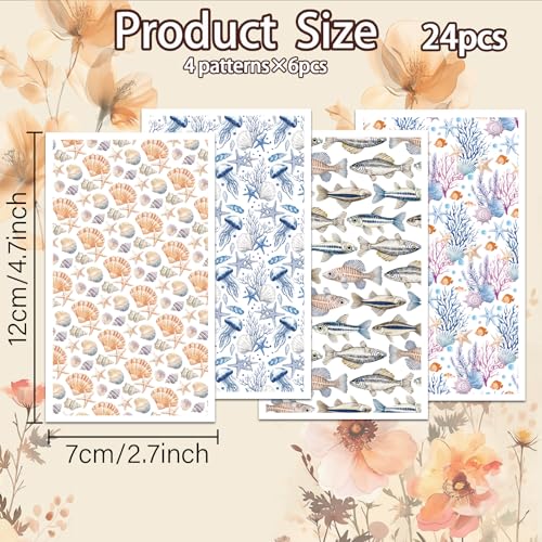 OLYCRAFT 24Pcs Ocean Clay Transfer Paper 4 Styles Transfer Paper for Polymer Shells Fish Polymer Clay Transfer Sheets Ocean Theme Small Transfer Paper for Clay Earrings Jewelry Making