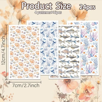 OLYCRAFT 24Pcs Ocean Clay Transfer Paper 4 Styles Transfer Paper for Polymer Shells Fish Polymer Clay Transfer Sheets Ocean Theme Small Transfer Paper for Clay Earrings Jewelry Making