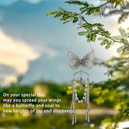ORIESSE Butterfly Car Decor,Cute Hanging Car Charms for Rear View Mirror,Silver Butterfly Wind Chime Dangling Aesthetic Ornament Pendant for Women