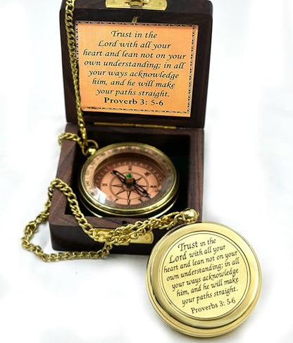 Trust in The Lord With All Your Heart - Proverbs 3:5-6 Quote Engraved Compass With Wooden Box, Greeting Card, Gift Compass, Graduation Day Gifts 2024 for Women Men Boys Girls - style: #11 Trust in The Lord Compass -Proverbs 3: 5-6
