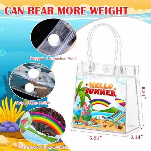 Aliceset 24 Pcs Hello Summer Clear Gift Bags Bulk with Handle, PVC Summer Party Favor Bag Reusable Transparent Goodie Bags for Beach , Pool Parties, Picnics & Outdoor Events, 6.31"x 5.91"x 3.15" - style: Hello Summer