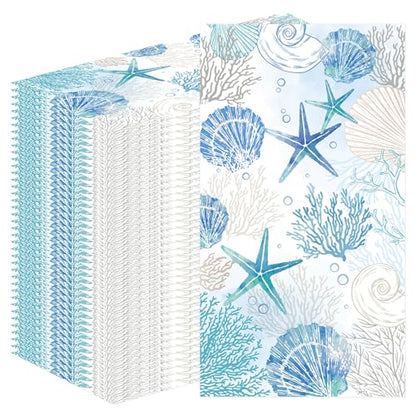 Rakuto Coastal Beach Disposable Paper Napkins, 100PCS Beach Nautical Theme Dinner Hand Napkin, Sea Blue Bathroom Disposable Hand Towels for Home Kitchen Bathroom Holiday - style: Coastal Beach