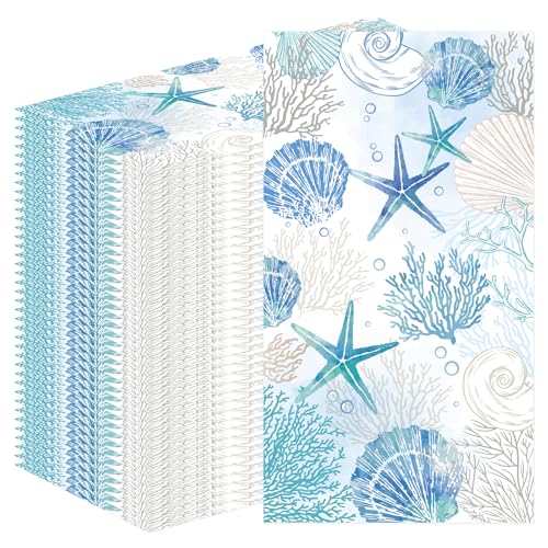 Rakuto Coastal Beach Disposable Paper Napkins, 100PCS Beach Nautical Theme Dinner Hand Napkin, Sea Blue Bathroom Disposable Hand Towels for Home Kitchen Bathroom Holiday - style: Coastal Beach