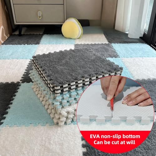 12pcs Carpet Squares Puzzle Floor Mat, Plush Interlocking Carpet Tiles, Anti Slip EVA Foam Jigsaw Floor Tiles, Build A Safe Area for Bedroom Playroom (Beige+Grey) - color: Beige+grey