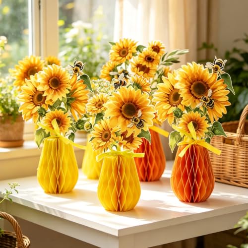 PAPER JAZZ Sunflower Honeycomb Table Decorations, Summer Centerpieces for Tables Sunflower Decoration for Office Picnic Themed Party Decorations for Baby Shower Living Room - color: Sunflower