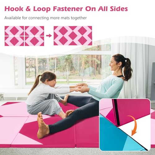 Goplus Folding Gymnastics Mat, 10’ x 4’ x 2’’ Thick Tumbling Mats with PU Leather, Hook & Loop Fasteners, Portable Handles, 4-Panel Exercise Mat for Home Gym Workouts, Yoga - color: Pink+Rose
