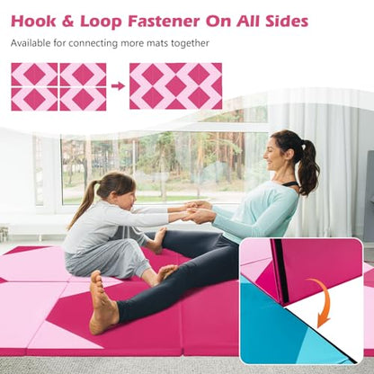 Goplus Folding Gymnastics Mat, 10’ x 4’ x 2’’ Thick Tumbling Mats with PU Leather, Hook & Loop Fasteners, Portable Handles, 4-Panel Exercise Mat for Home Gym Workouts, Yoga - color: Pink+Rose