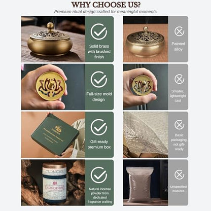 Powder Incense Burner Kit with Brass Censer, Incense Ash Tools and Mold Press Set, Complete Gift Box for Meditation, Yoga and Home Relaxation - color: Copper