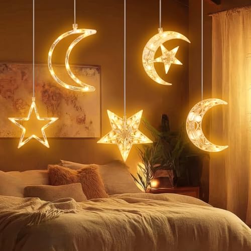 Tujoe 5 Pcs Ramadan Decorations Lights Eid Mubarak Moon Star Window Light LED Battery Powered Islam Window Silhouette Light Islamic Muslim Ramadan Hanging Decor for Wall Home Baby Room Outdoor Patio