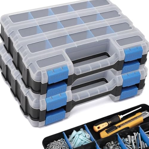 Andalus Tools Organizer Box, Small Parts Storage 34-Compartment Double-Sided Portable Hardware Organizer Removable Plastic Dividers for Screws, Nuts, Bolts, Nails – Blue (2 Pack, 12.5" x 10.5" x 3") - color: Blue, size: 2 Pack