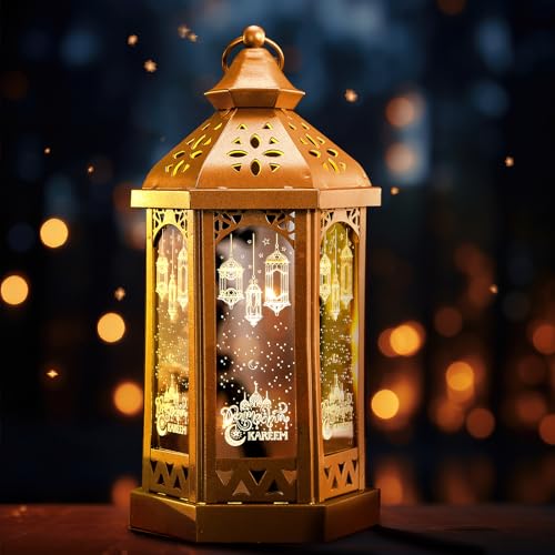 Large Ramadan Decorations for Home 11'' LED Eid Mubarak Candle Lantern Decorative Moon Star Hexagon Ramadan Lantern LED Vintage Metal Hanging Holder for Indoor Outdoor Tabletop Festival Party Decor