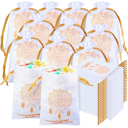 Coume 100 Pcs Eid Ramadan Mubarak Satin Gift Bags with Drawstring 5 x 7 Inch Silk Eid Party Favor Jewelry Pouches for Ramadan Supplies Candy Bags Muslim Party Decoration