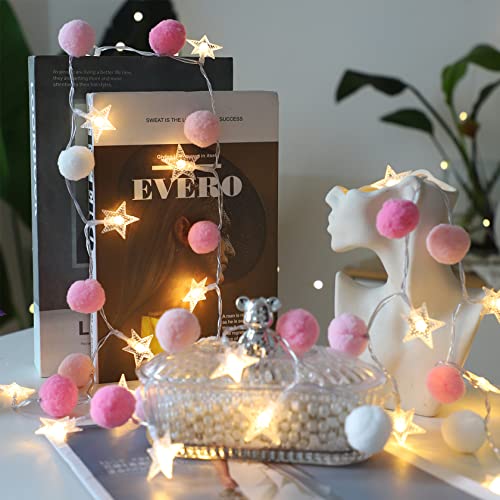 Star Twinkle Lights with Pink Pom Poms - color: Pink-Star