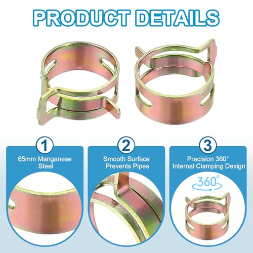 PATIKIL Spring Band Hose Pipe Clamps for 19-22.3 mm OD Hose, 50 Pack Silicone Vacuum Constant Tension Band Clips for Fuel Line Silicone Air Hose Tube Water Pipe, Gold - size: 19-22.3 mm