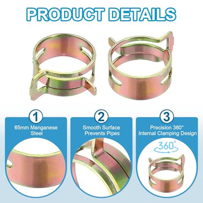 PATIKIL Spring Band Hose Pipe Clamps for 19-22.3 mm OD Hose, 50 Pack Silicone Vacuum Constant Tension Band Clips for Fuel Line Silicone Air Hose Tube Water Pipe, Gold - size: 19-22.3 mm