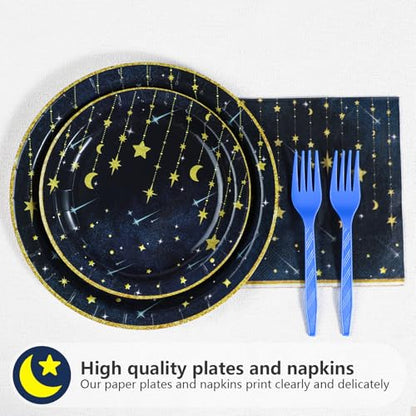 Grencian Gold Star Moon Party Supplies - 96Pcs Moon and Stars Party Supplies Plates and Napkins Navy Blue Celestial Hanging Crescent Disposable Tableware for Celestial Birthday Decorations Serve 24 - style: Navy Blue Stars Moon Sets