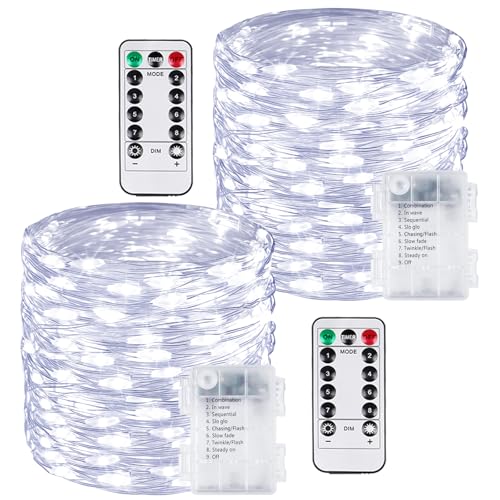 2 Pack 200 LED Fairy Lights Battery Operated with Remote, 8 Modes String Lights Indoor Outdoor, Cuttable Battery Light for Home Bedroom Wedding DIY Centerpiece Christmas Decorations (Cool White) - color: Cool White, size: 2PK（200LED with Remote）