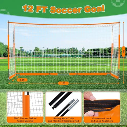 Soccer Goal 12×6 ft /16×7 ft Portable Soccer Goals Net for Backyard | Quick Setup Training Equipment, with Carry Bag, 4 Ground Nails, 12 Training Cones - color: 12×6FT Orange