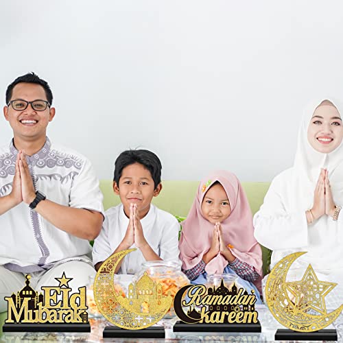 4pcs EID Mubarak Wooden Table Centerpiece Decorations EID Mubarak Wood Tiered Tray Signs Table Decor EID Mubarak Wooden Plaque Ornament Tabletop Signs for EID Ramadan Home Kitchen Gifts Supplies