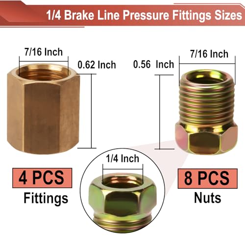 1/4 Brake Line Pressure Fittings, 12 Pieces 7/16 Inch Brake Line Fittings | 24 Threads Brass Brake Line Fitting Assortment for 1/4 Inch Brake Line Tube (4 Unions, 8 Nuts) - size: 7/16 Inch (pack of 1)