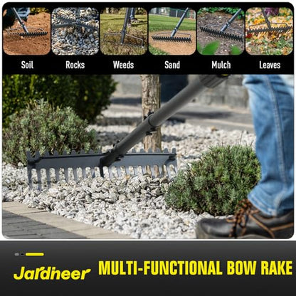 Bow Rake Heavy Duty, Long Handle Metal Rakes for Gravel, Rocks, Lawns Leaves, Soil Leveling, Landscaping, Garden Rake with 18 Steel Tines (59 Inches)