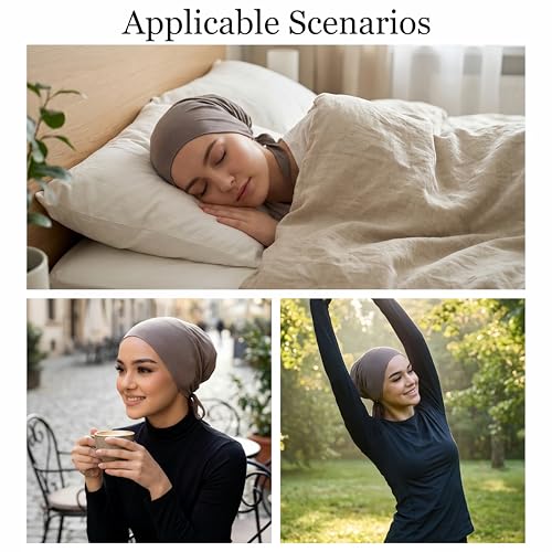 Yeieeo 3PC Muslim Hijab Undercap for Women, Stretch Tie-Back Inner Headscarf Bonnet, Soft Modal Headwear for Daily - color: Black+dark Grey+light Khaki