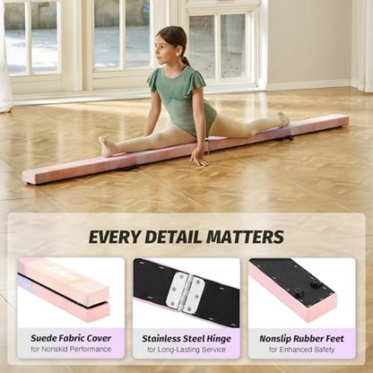 ZELUS 8' Folding Gymnastics Balance Beam, Floor Balance Beam w/Carry Handles Anti-Slip Base for Kids, Beginners & Professional Gymnasts - color: PinkPurple
