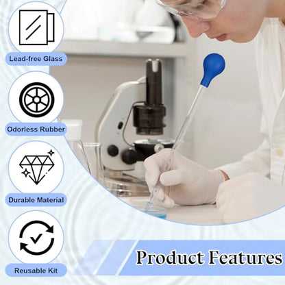 3Pcs Glass Pipettes Dropper, 10ml Graduated Liquid Dropper with Rubber Bulb for Laboratory, Medicine, School, Food, Research