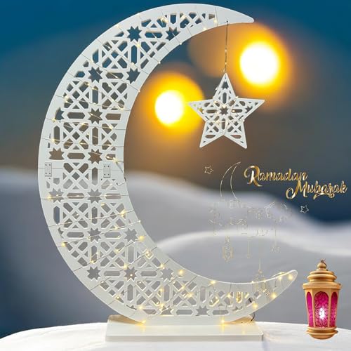 Islamic Hilal Crescent Moon Star Light Stand, Home Decor Welcome Night Lights, Wood Crescent Tree Décor, Blossful Table Décor, Big Wooden Moon Star with LED Fairy Lights (White, Large 4ft) - color: Color, size: Large