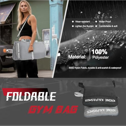 Gym Bag with Shoe Compartment – Packable Duffle Bag, Small Gym Bag for Women and Men, Foldable Waterproof Sports Duffel for Travel, Workout, and Sneakers, Grey - size: Grey