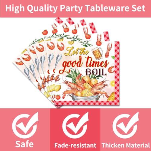 EUOYUFO 96Pcs Crawfish Boil Party Supplies Tableware Set Let The Good Times Boil Paper Plates Napkins Forks Lobster Seafood Boil Birthday Theme Party Supplies Serve 24 Guests - color: Crawfish Boil