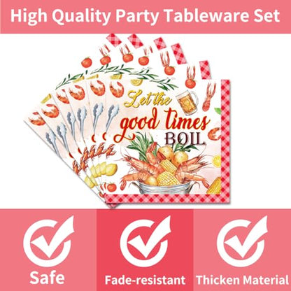 EUOYUFO 96Pcs Crawfish Boil Party Supplies Tableware Set Let The Good Times Boil Paper Plates Napkins Forks Lobster Seafood Boil Birthday Theme Party Supplies Serve 24 Guests - color: Crawfish Boil
