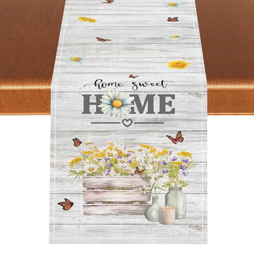 Spring Daisy Table Runner, Retro Rustic Seasonal Farmhouse Daisy Flower Vintage Wooden Plank Country Kitchen Dining Table Scarf for Kitchen Living Room Home Party Decor 13"x36" - color: Tr-daisy08, size: 13x36" Table Runner