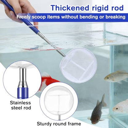Aquarium Fish Net, 4 Inch Fine Mesh Shrimp Nets with 12.4" to 43" Long Extendable Stainless Steel Handle Round Small Fish Nets for Fishes Shrimp Tank Pond Creek Food Residue Debris Skimming Tool