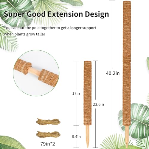 Moss Pole for Plants Monstera, 2 Pack 23.6 inch Plant Support Pole, Extendable Coir Totem Pole for Potted Plants Pothos,Train Indoor Climbing Plants to Grow Upwards - Extends to 40.6 Inches - size: 2 Pack 23.6 inch